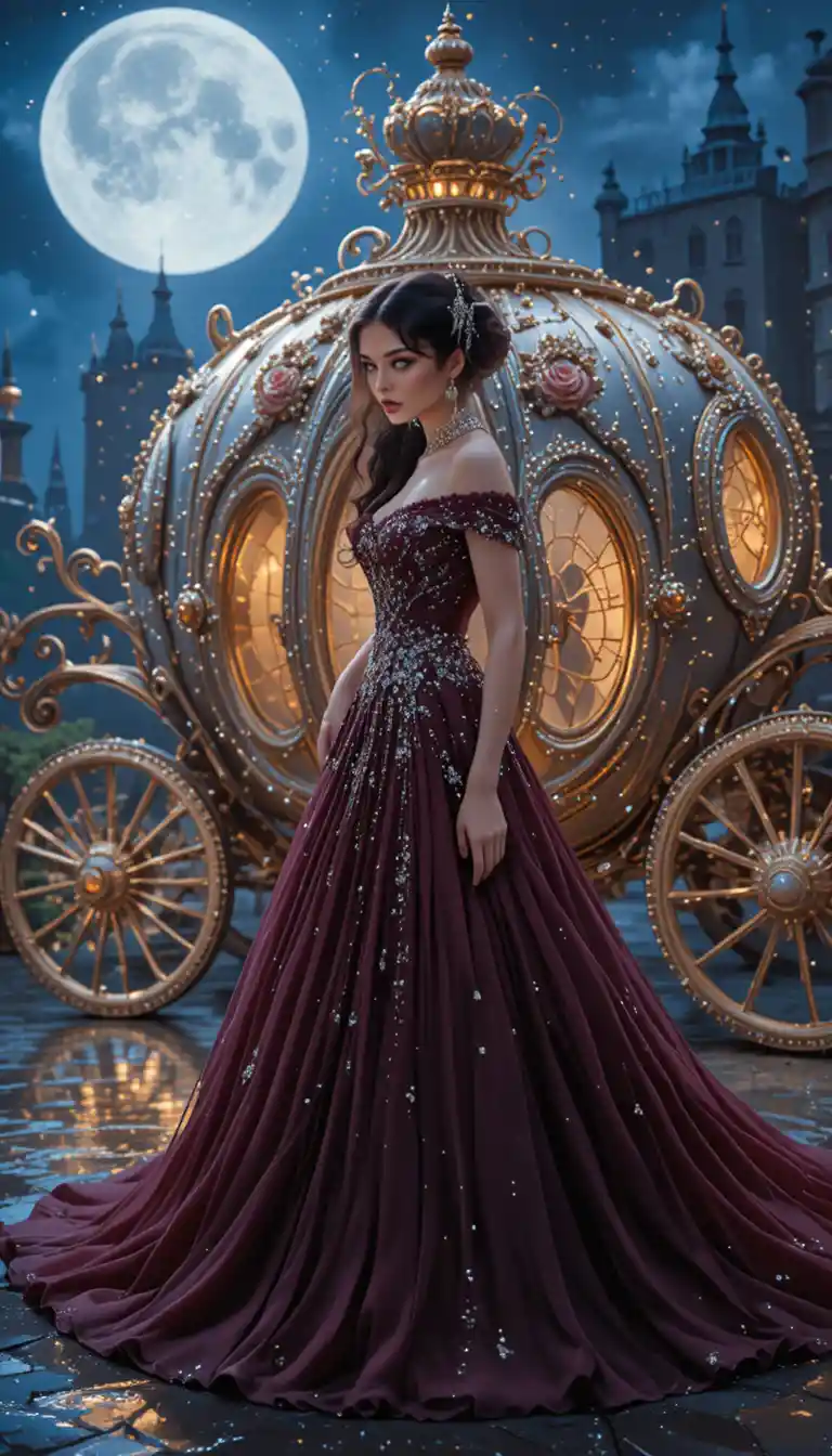 Una joven glamurosa con un vestido de gala color burdeos adornado con joyas, frente a un carruaje plateado