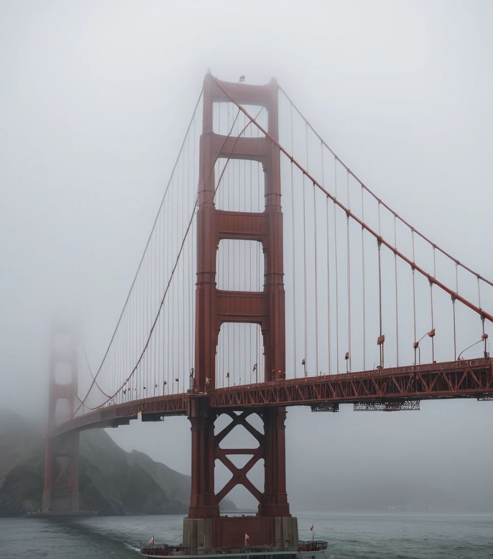 Il Golden Gate Bridge emerge dalla nebbia sopra acque battute dalla pioggia