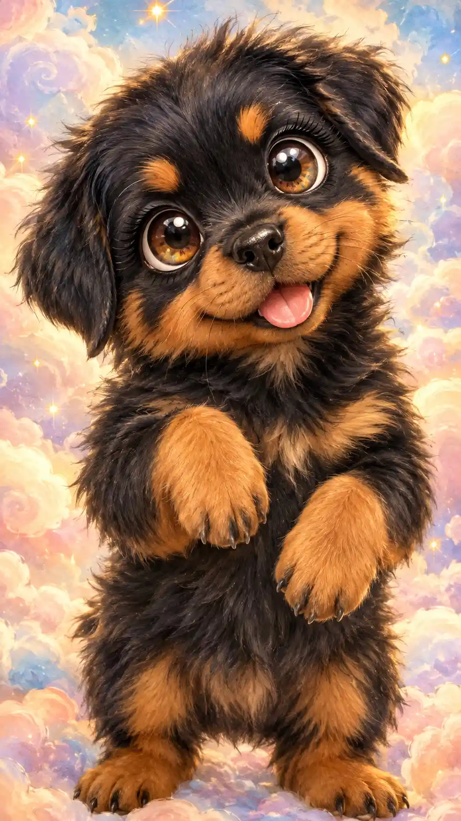 A fluffy Rottweiler puppy poses with raised paws and wide amber eyes