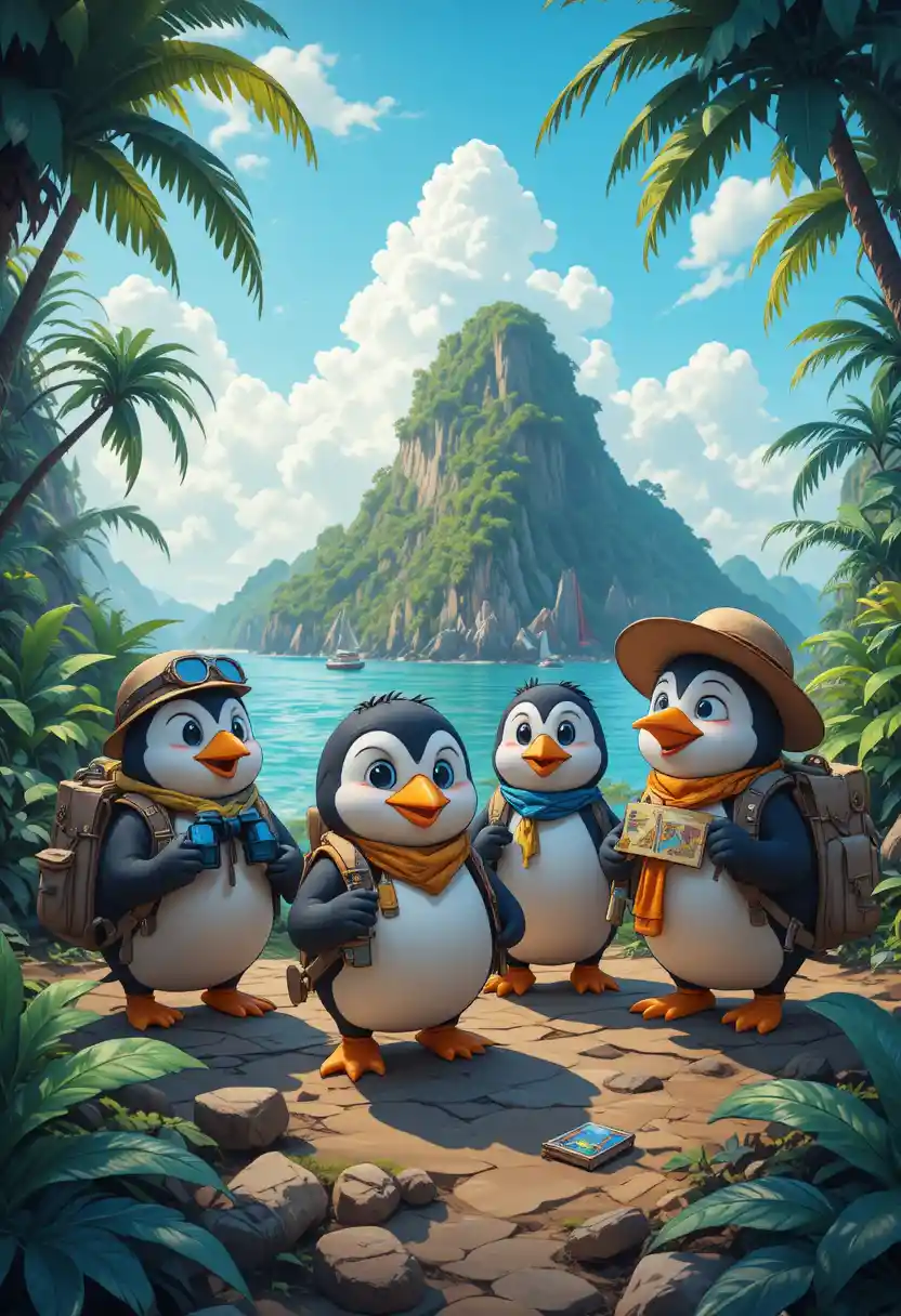 Quattro pinguini esploratori raggiungono una misteriosa isola tropicale con delle mappe