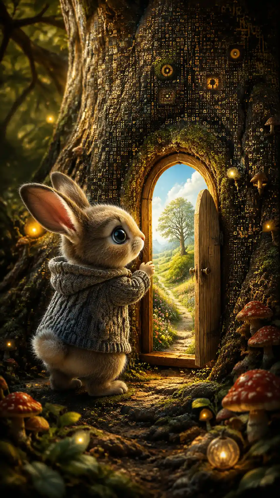 Um coelhinho descobre uma porta brilhante numa árvore antiga
