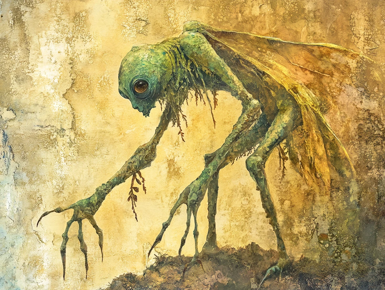 繪於紋理紙上的奇幻超現實生物