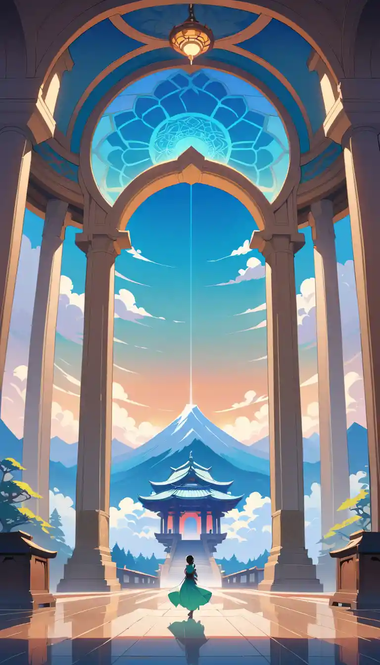 A mountain temple pavilion overlooks clouds from an elevated stone terrace