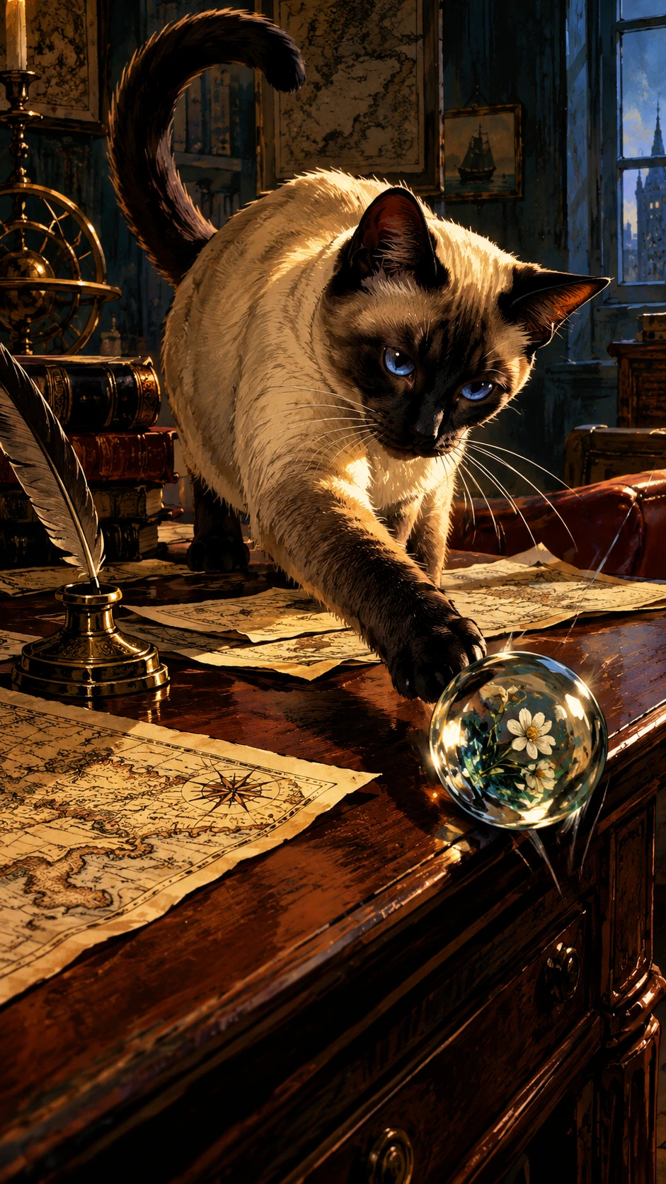 A Siamese Cat Bats a Glass Paperweight From a Mahogany Desk