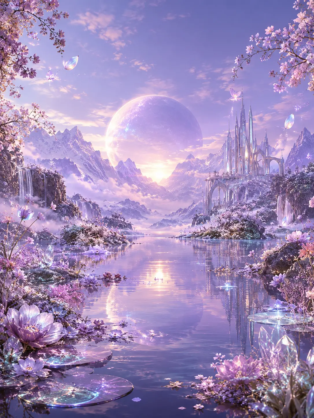 A serene dreamscape filled with metallic lilac flowers and luminous details
