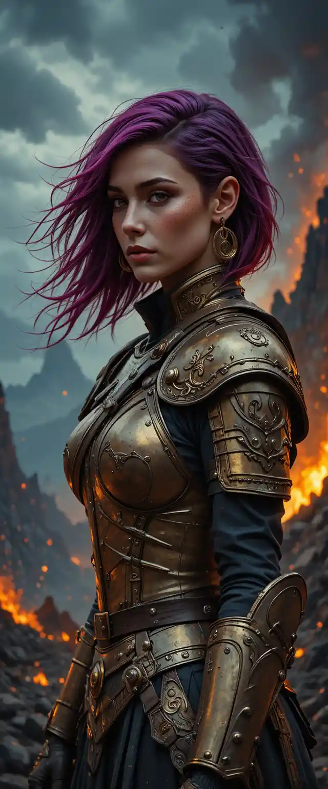 A Warrior in Ornate Gold Armor Faces a Burning Volcanic Landscape