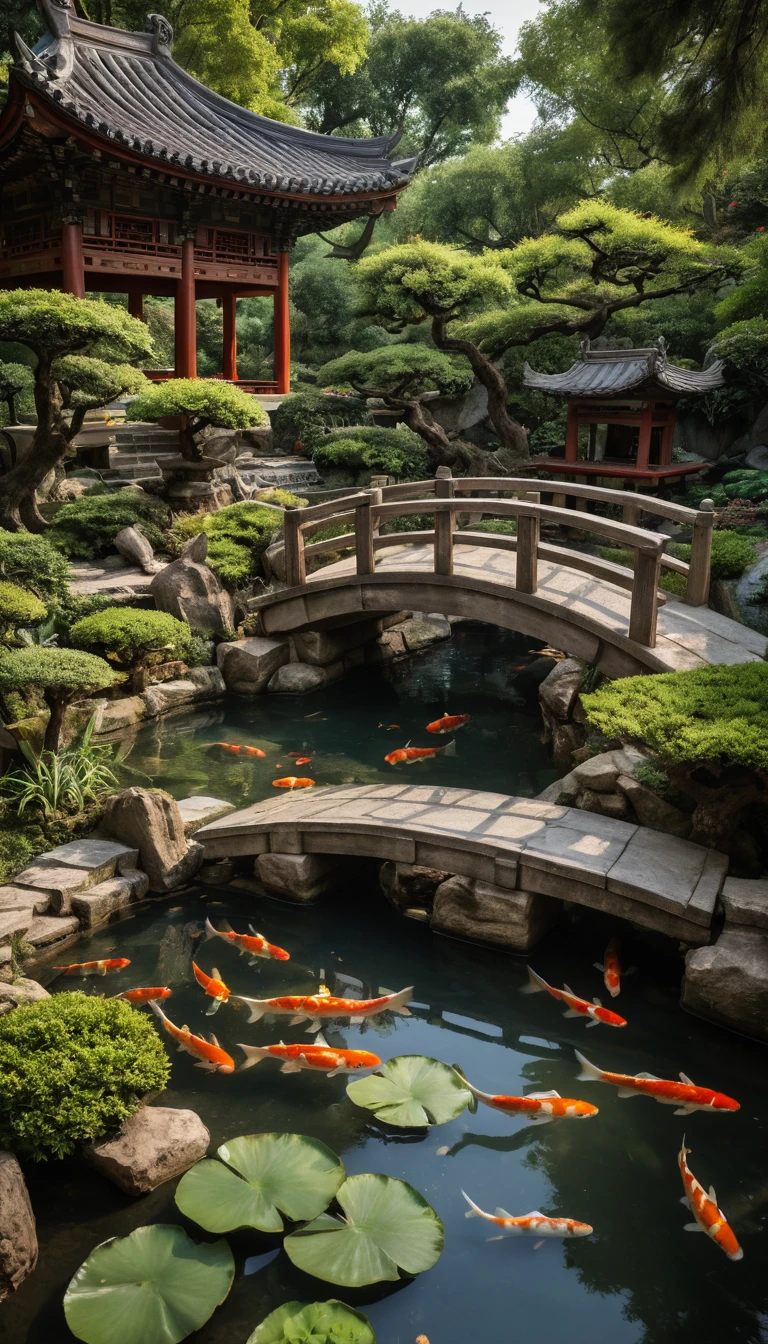 Un tranquillo laghetto con carpe koi in un antico giardino asiatico