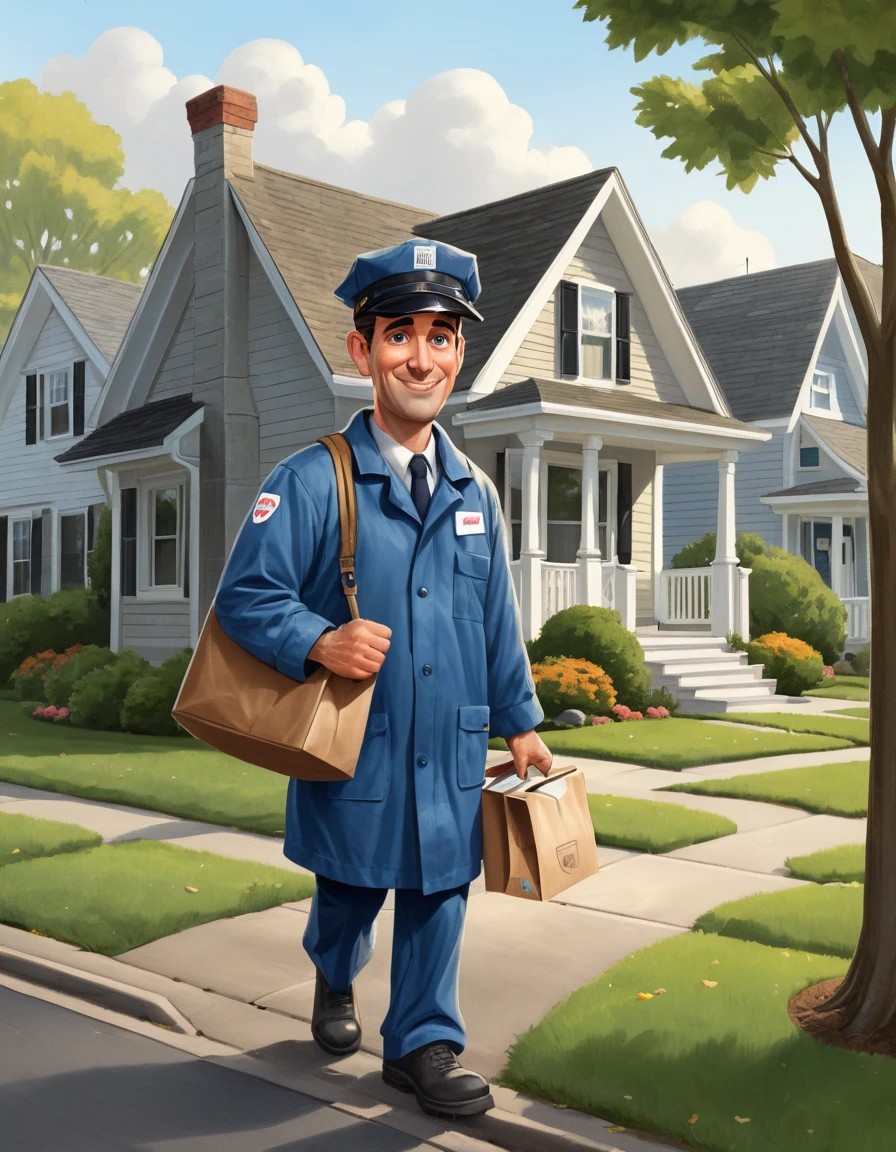 A postal worker delivers mail through a quiet suburban neighborhood on a rainy day
