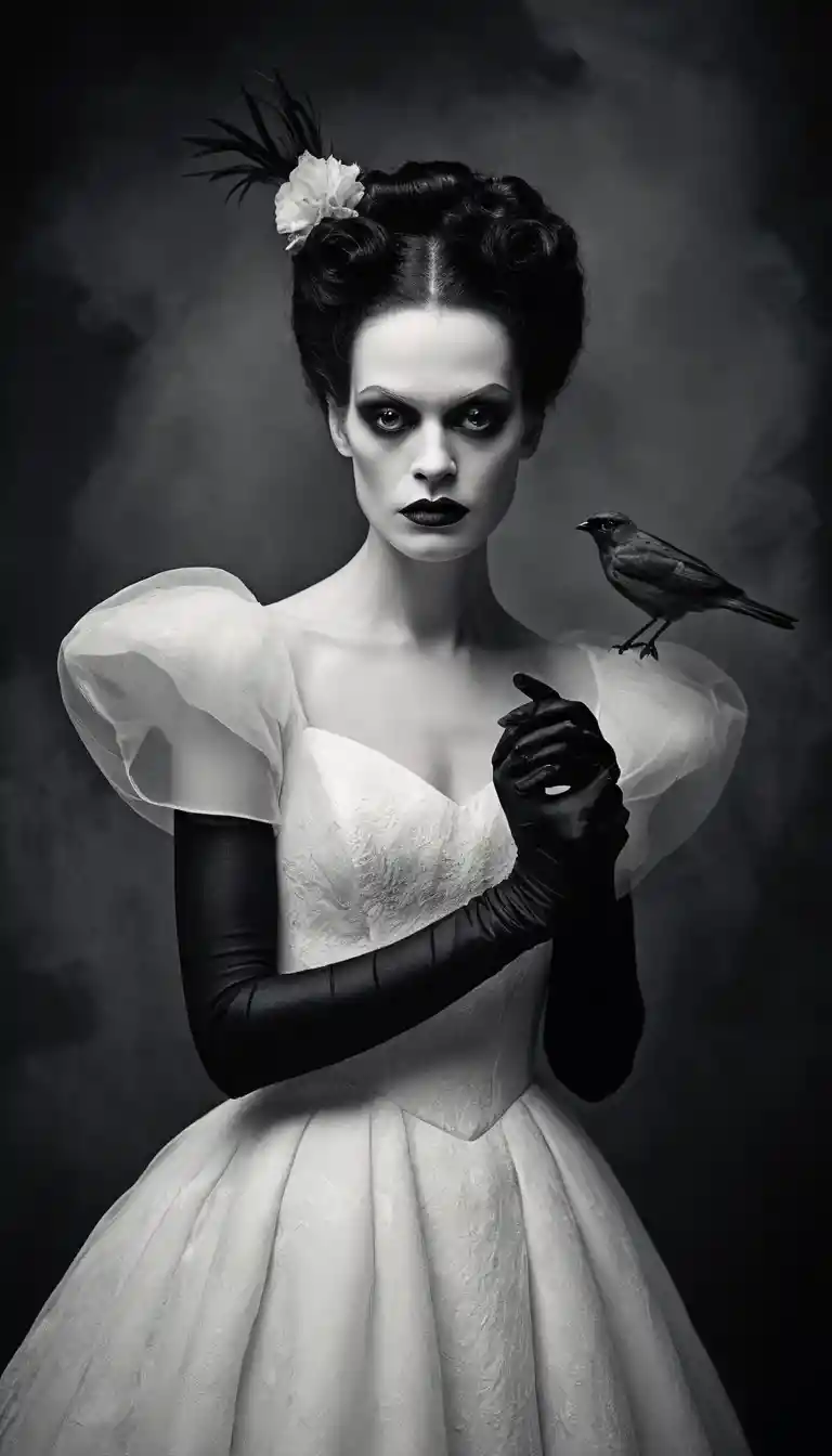 Retrato surrealista de uma mulher pálida com um pássaro em voo
