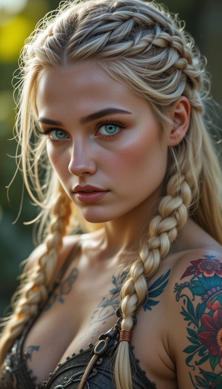 Guerreira loira com cabelo trançado, olhos verdes e tatuagens nos braços