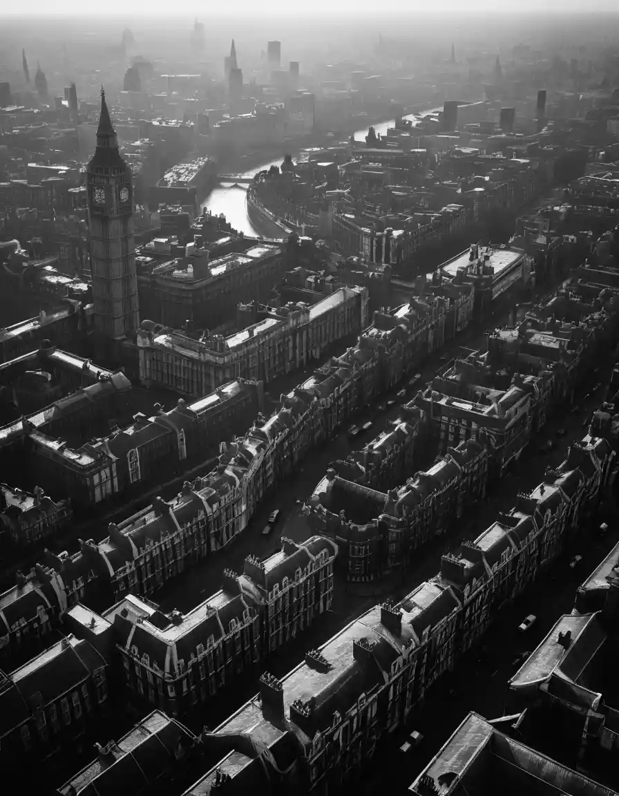 Londres por volta de 1910 vista do alto sob um céu nublado ao amanhecer