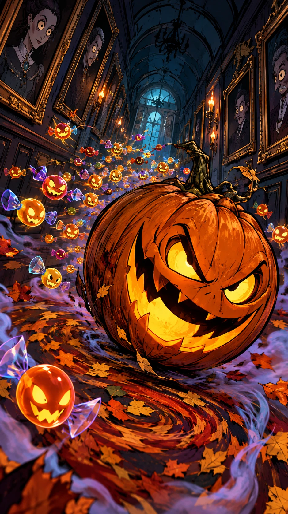 Uma abóbora de Halloween travessa rola por um corredor ladeado por retratos que a observam