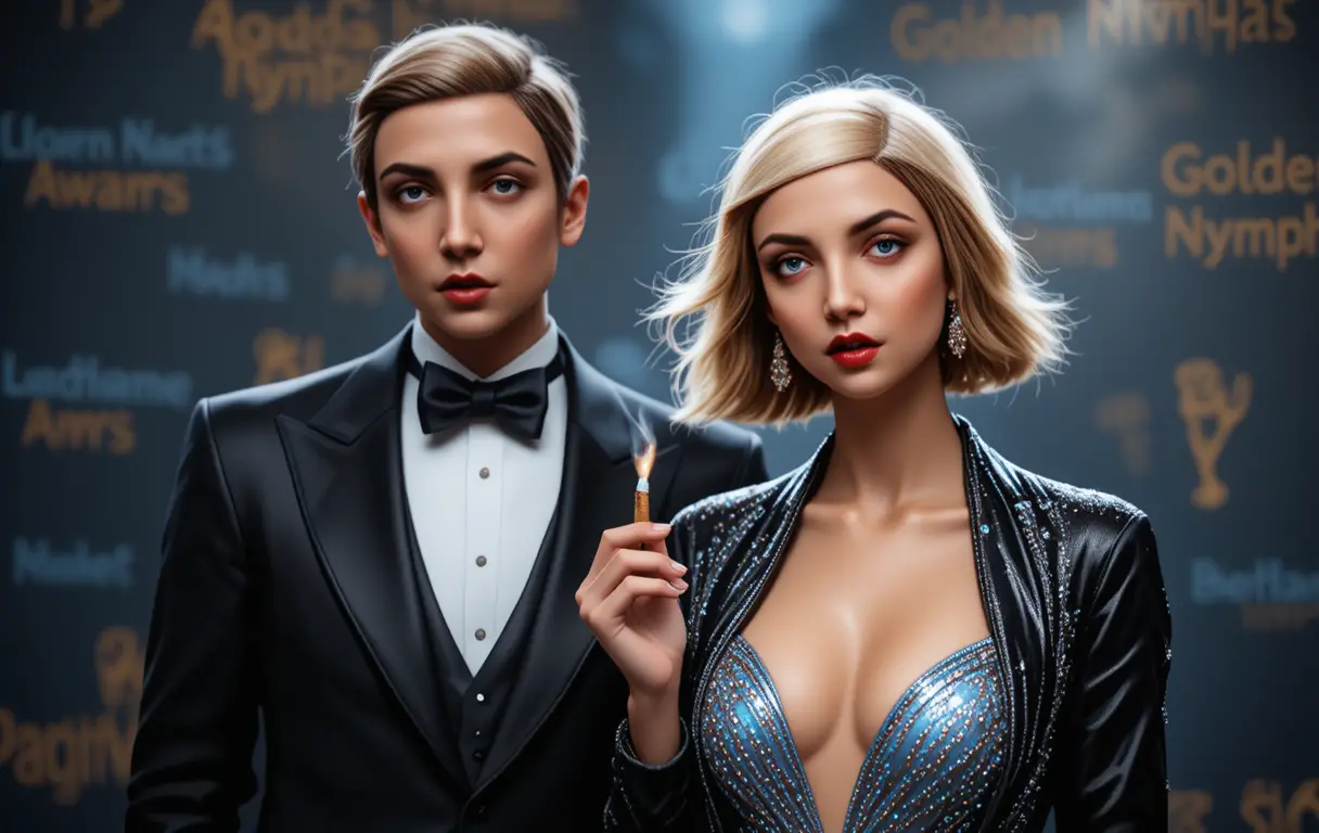 A tuxedoed man and blonde woman pose at a television awards event