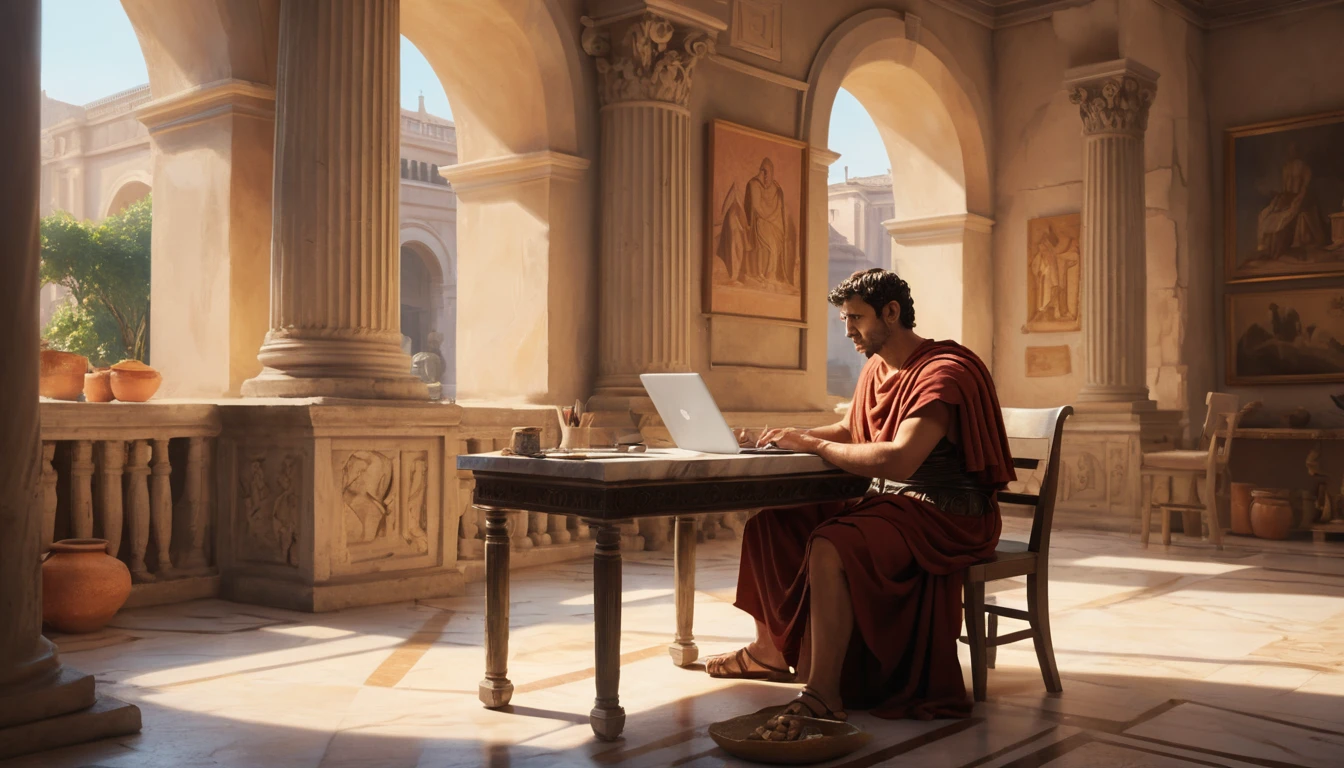 A Roman scribe works on a laptop in a classical interior
