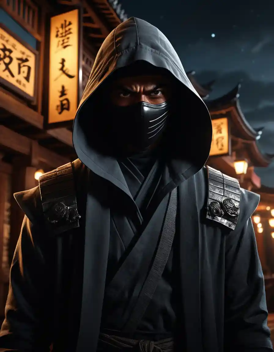 Um ninja encapuzado está sob o luar no pátio de um pagode