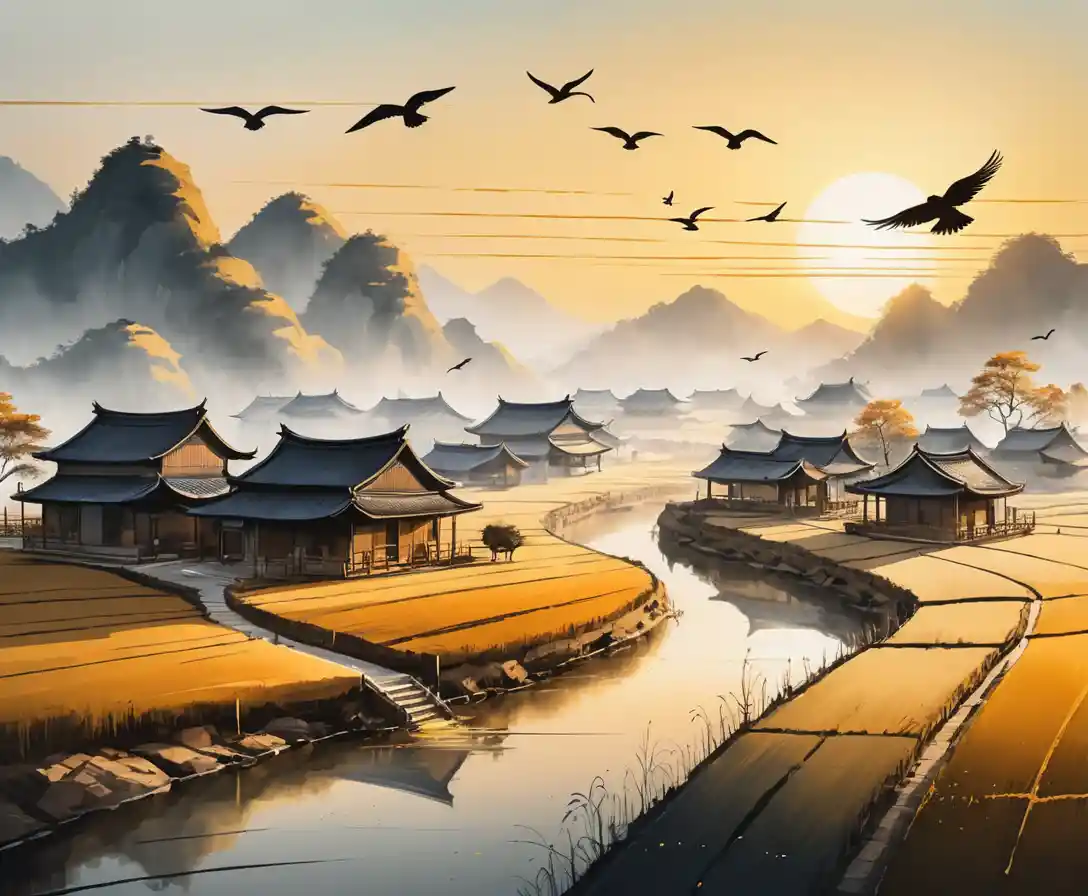 Uma pintura chinesa em tinta de uma aldeia e pássaros ao pôr do sol