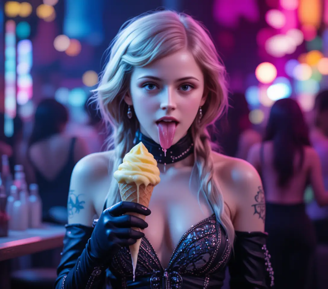 Ein Mädchen genießt schmelzendes Eis unter bunten Lichtern in einer Disco