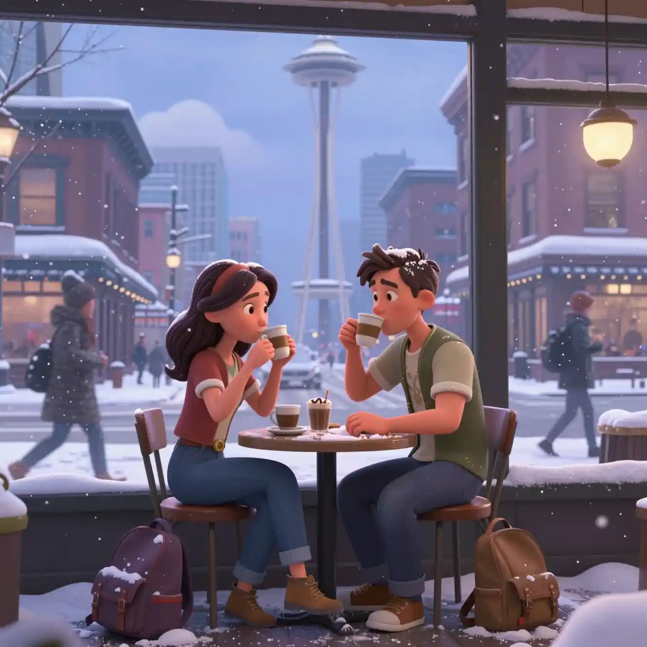 A man and woman share coffee in a snowy Seattle café