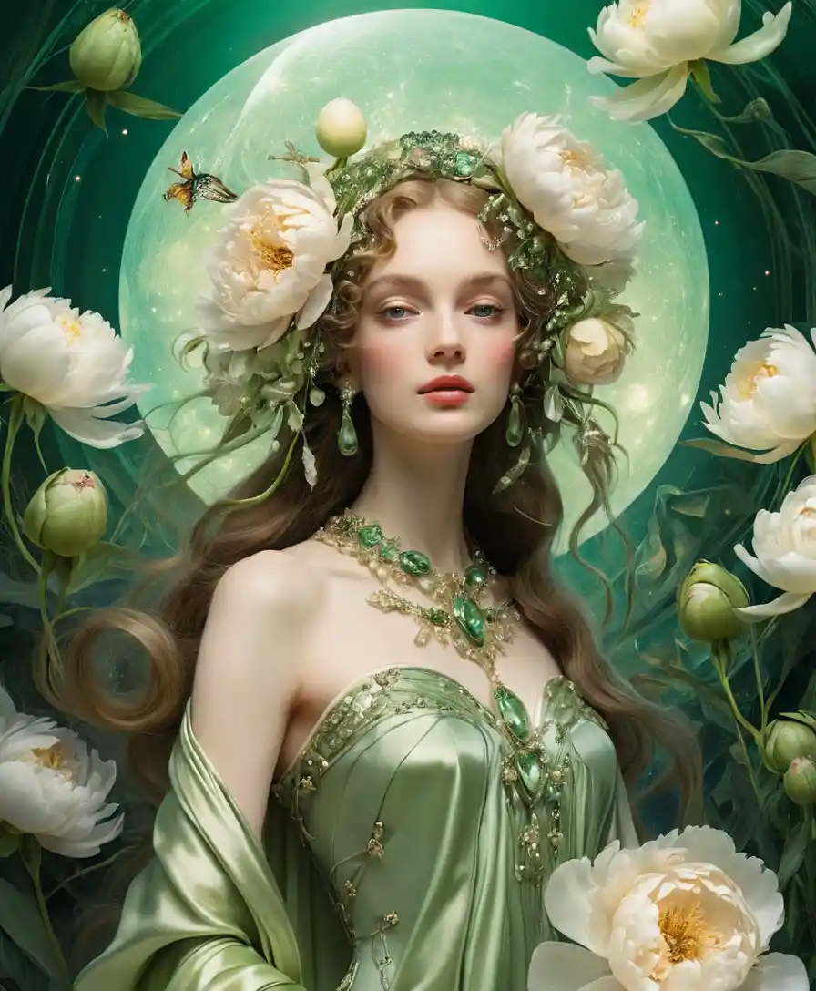 An ethereal spring spirit in pearly green and beige satin tones