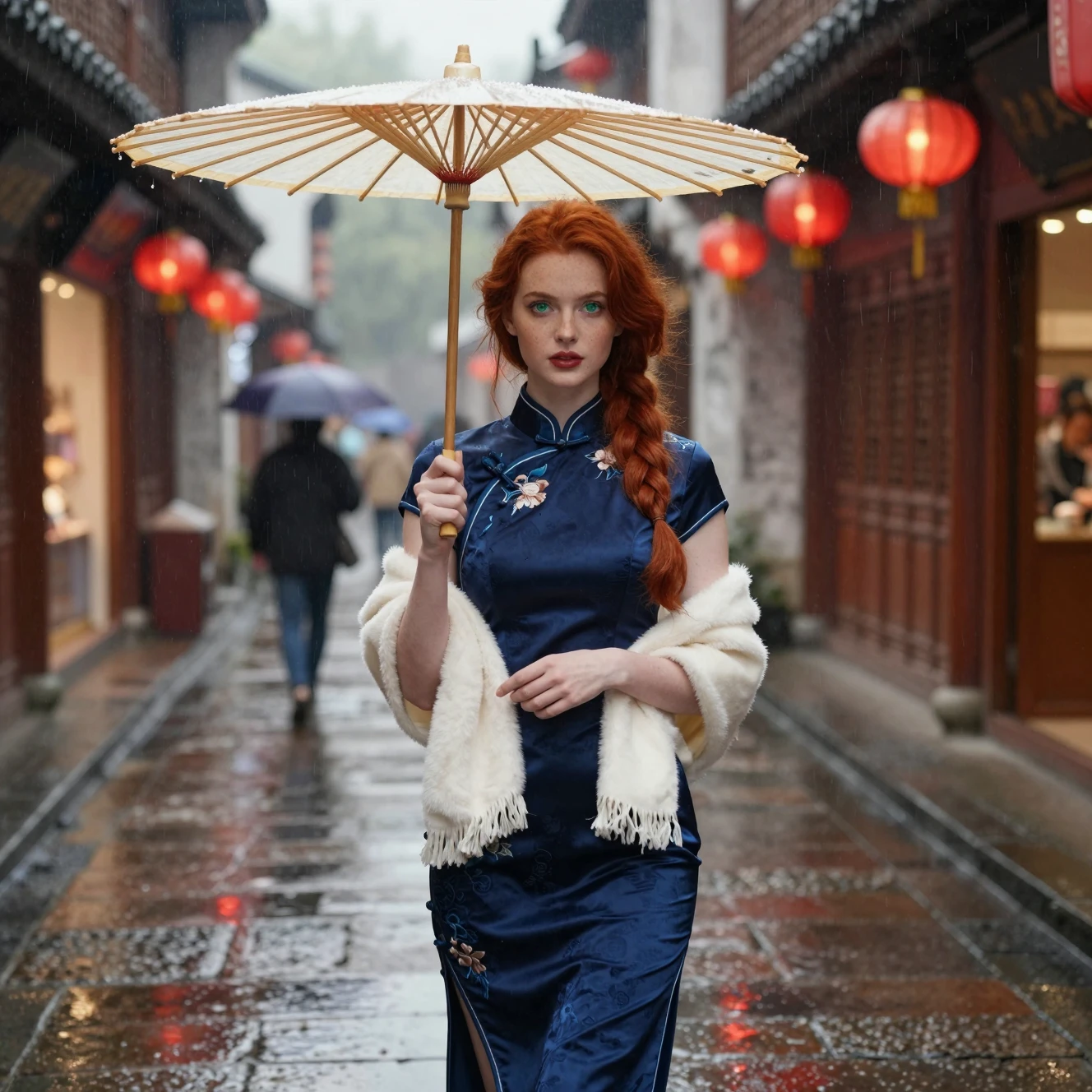 Uma mulher ruiva caminha por um beco histórico sob a chuva