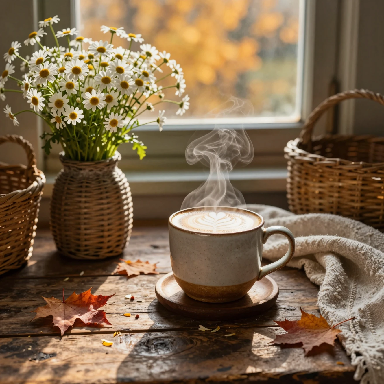 Eine Cappuccinotasse und ein Kamillenstrauß auf einem rustikalen Herbsttisch