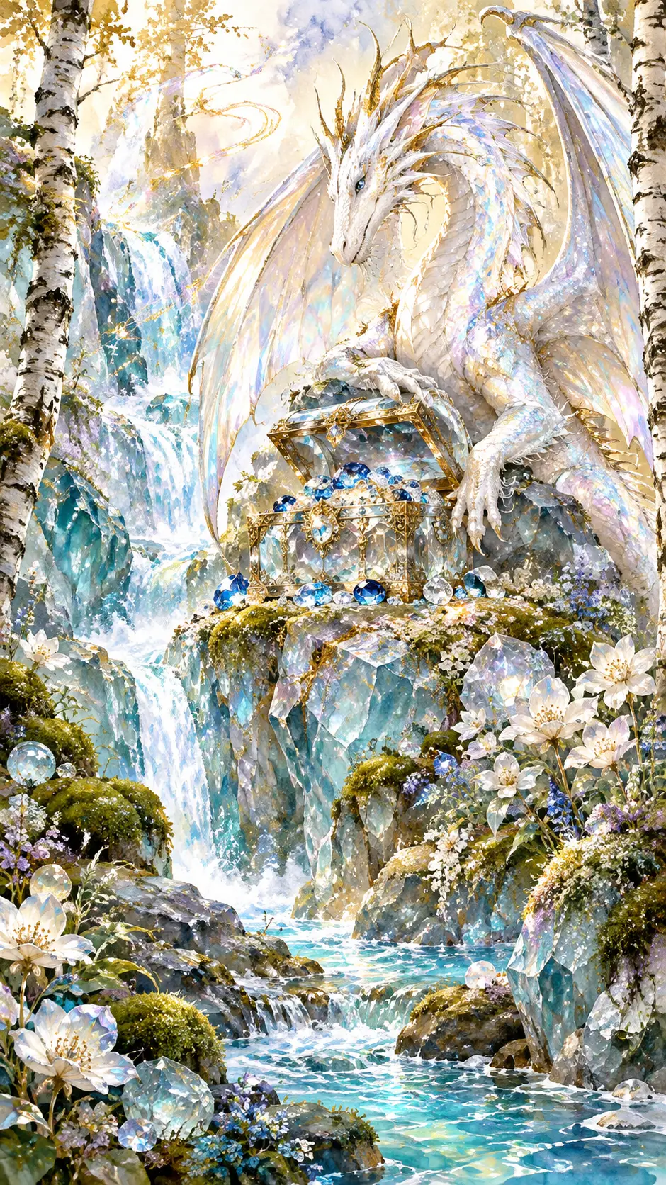 Ein Wasserfall fließt über glasartige Felsen in einen gewundenen Bach
