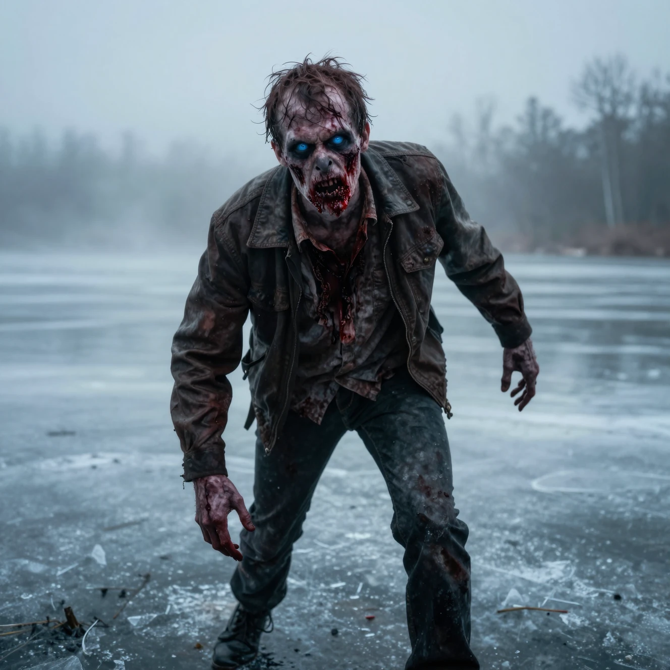 Ein blutüberströmter Zombie taumelt vor einem nebligen, zugefrorenen See