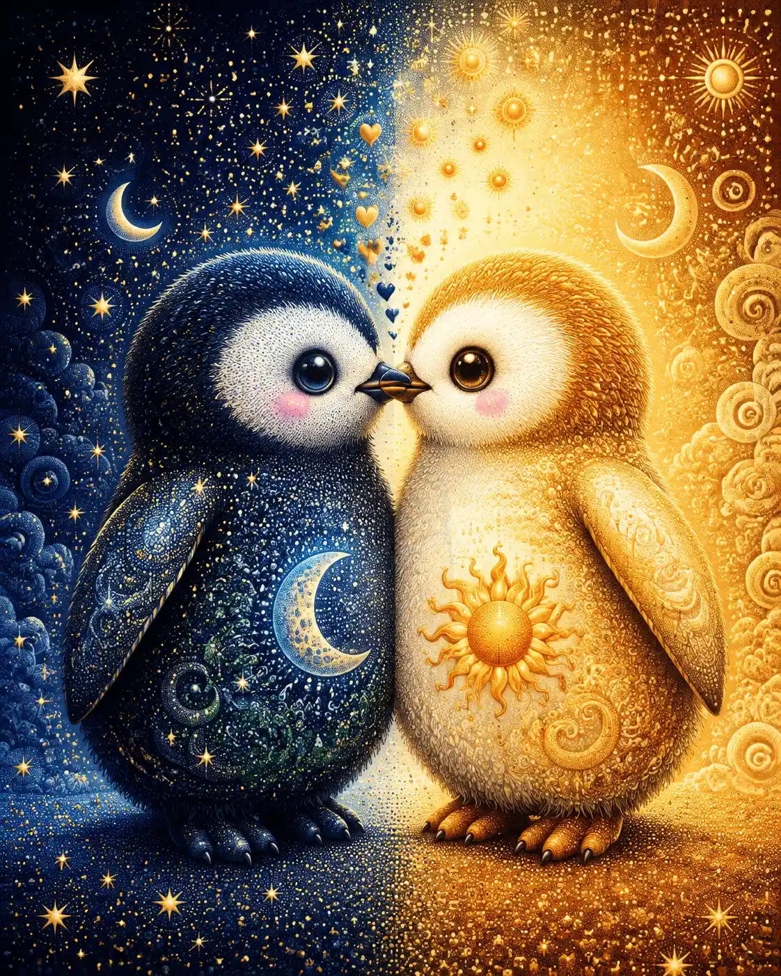 Due pinguini si scambiano un tenero bacio tra la notte e il giorno celestiali