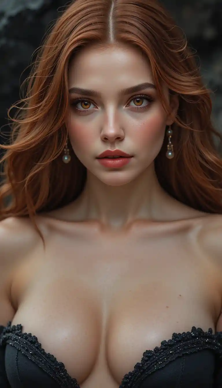 Une femme fantastique aux taches de rousseur, aux cheveux cramoisis et aux yeux rouge ardent