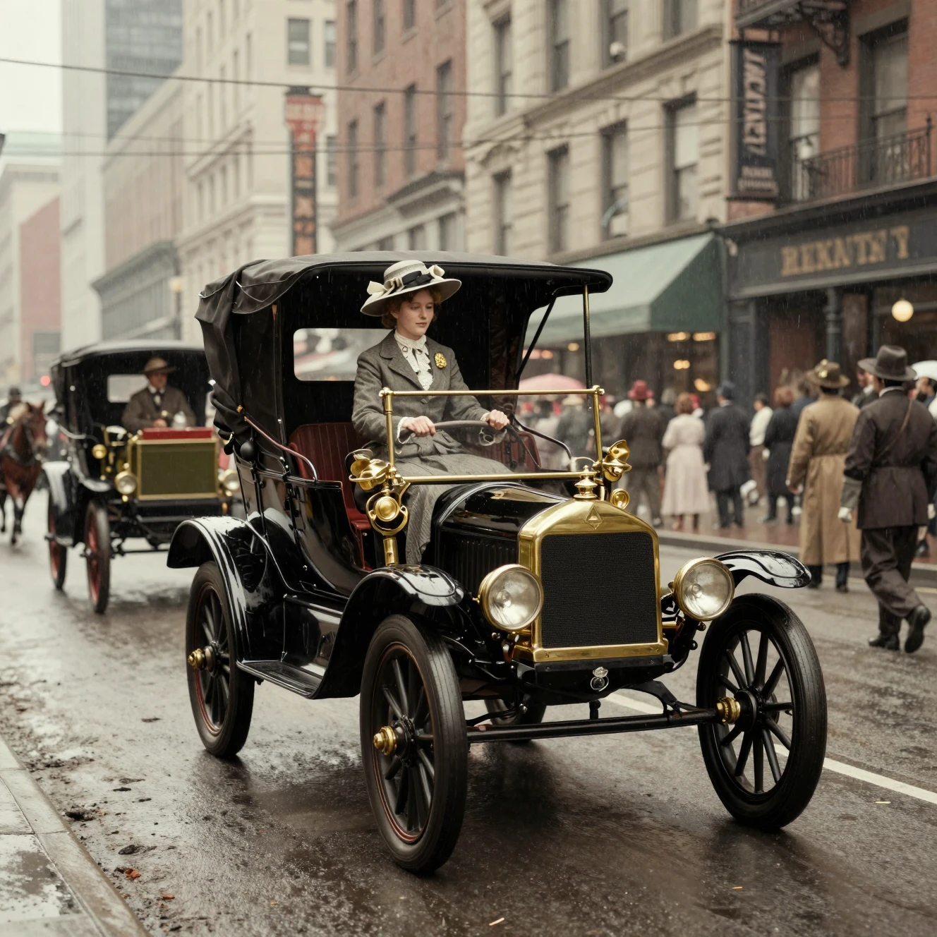 Um Ford Model T percorre uma rua chuvosa de Manhattan