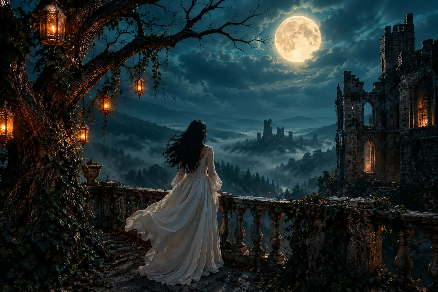 A woman in white stands on a crumbling castle above a moonlit valley