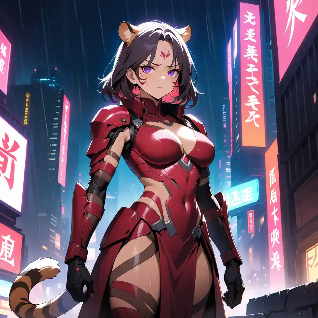 Une femme-tigre guerrière domine une ville cyberpunk détrempée par la pluie à minuit