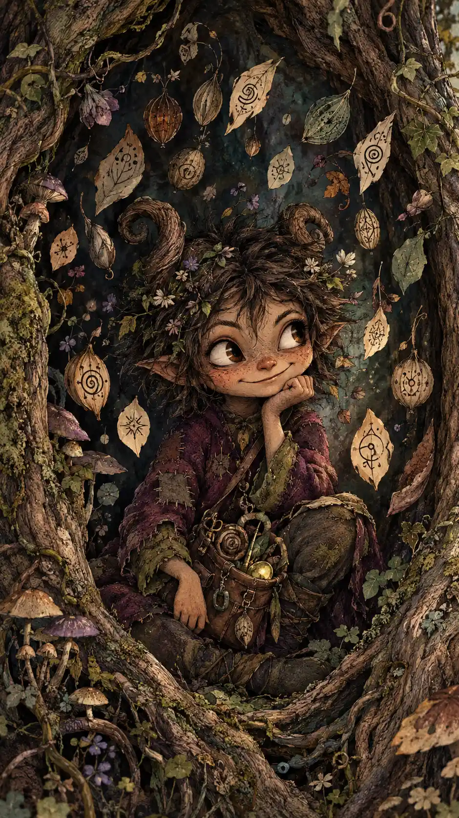 A Mischievous Forest Imp Surrounded by Floating Botanical Symbols