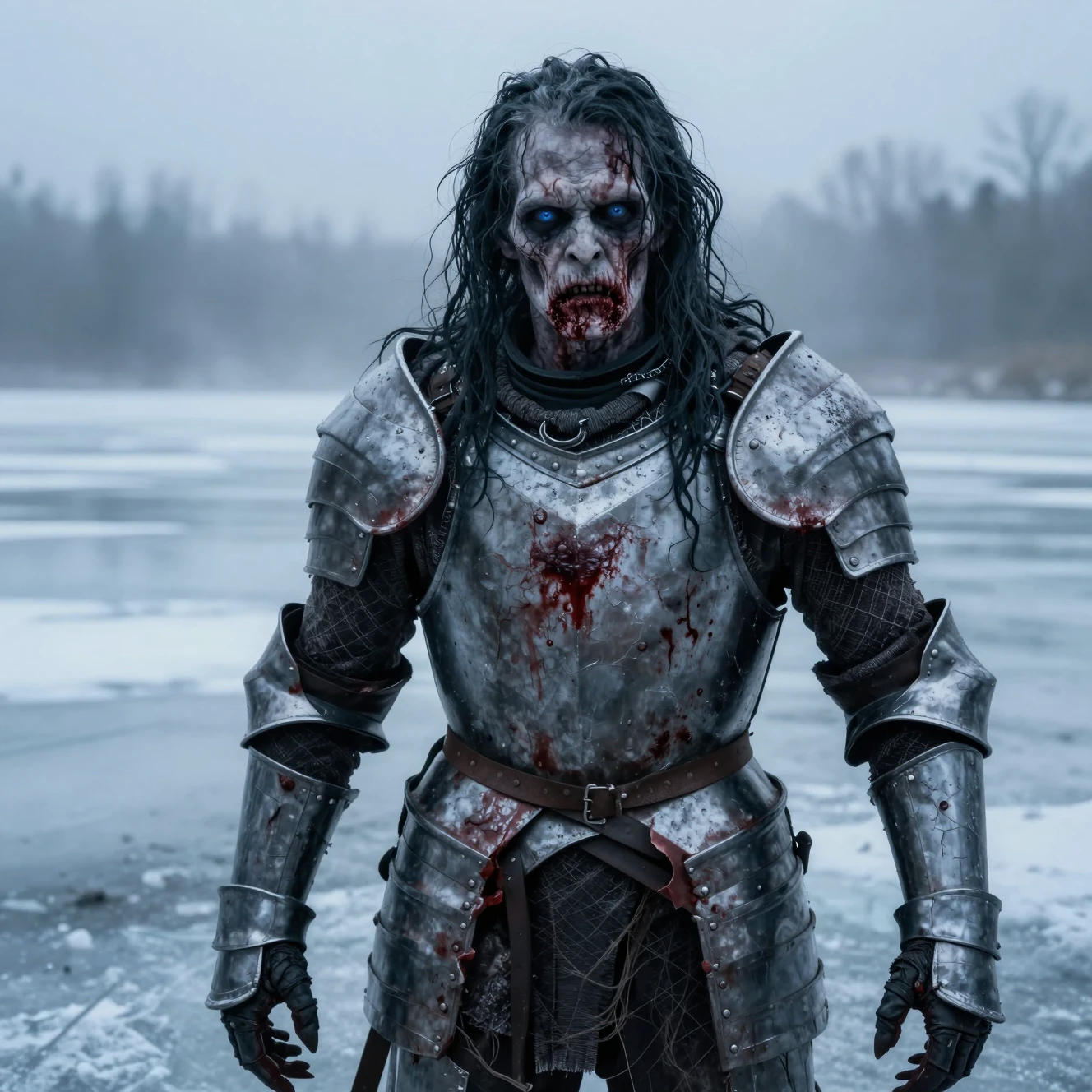 Un zombie couvert de sang titube au bord d'un lac gelé en fixant le spectateur