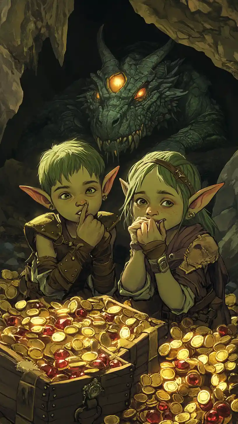 Two goblin children sneak across a glittering treasure hoard in a cavern