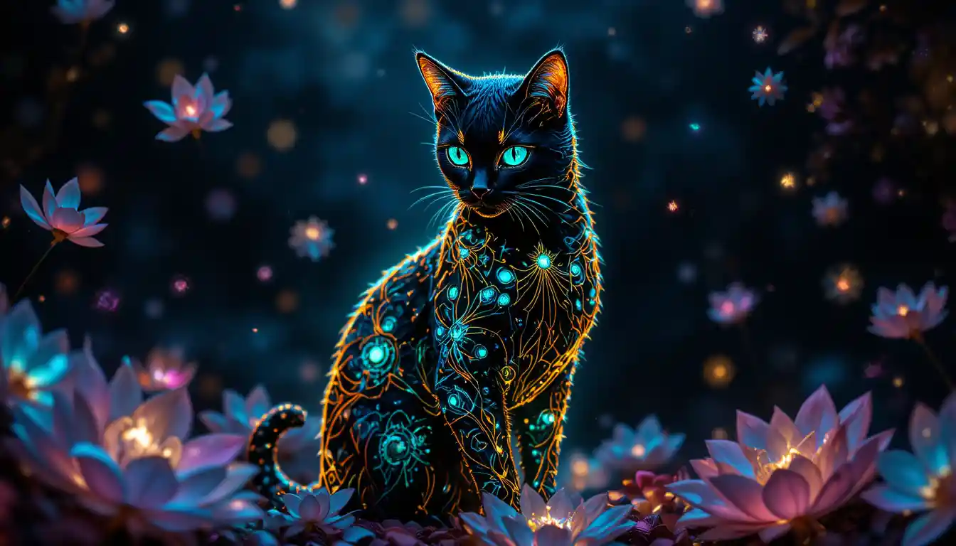 Mystische Katze mit leuchtend smaragdgrünen Augen vor schwarzer Leere