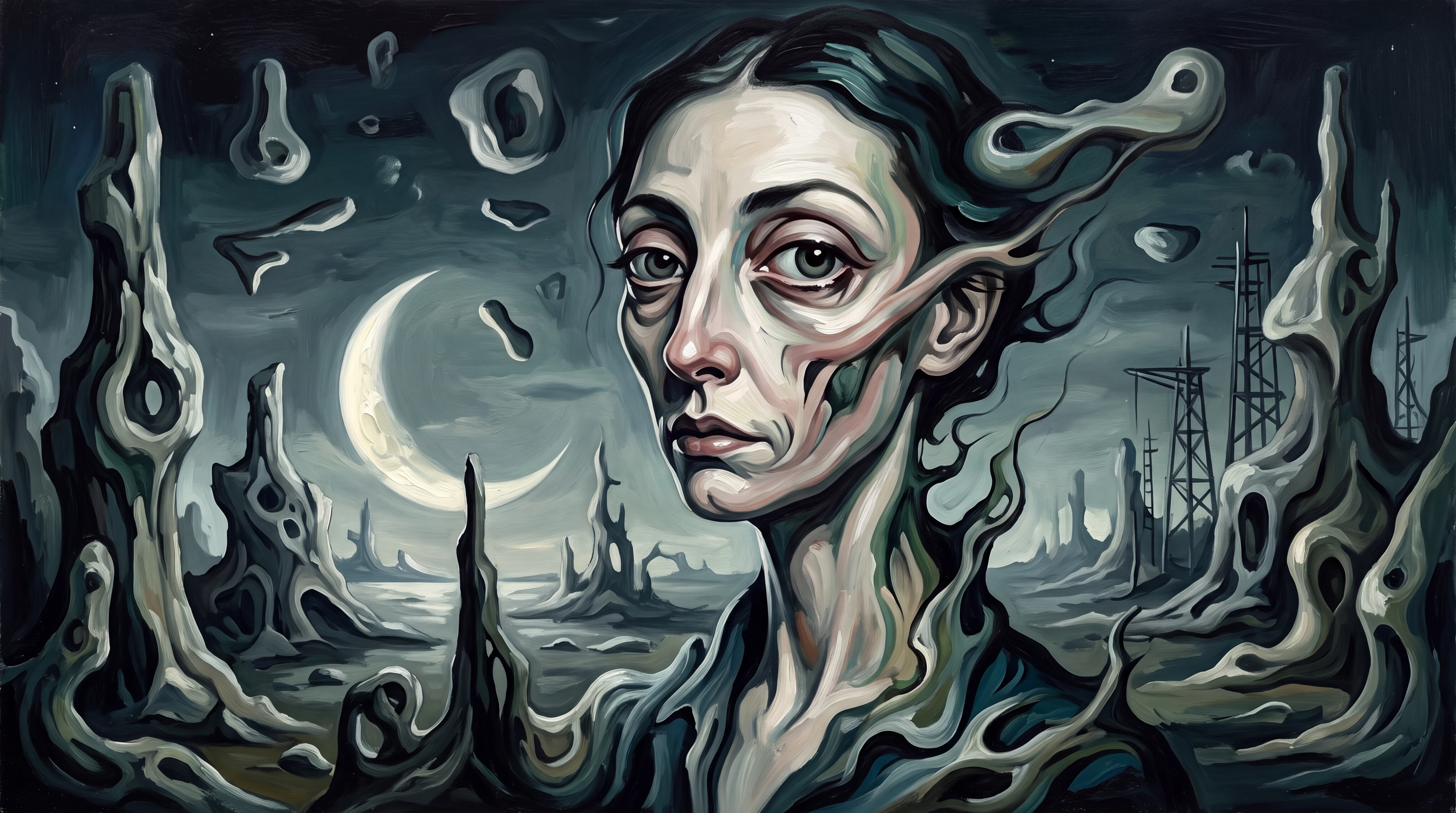 Um rosto feminino distorcido surge de uma paisagem desolada ao luar