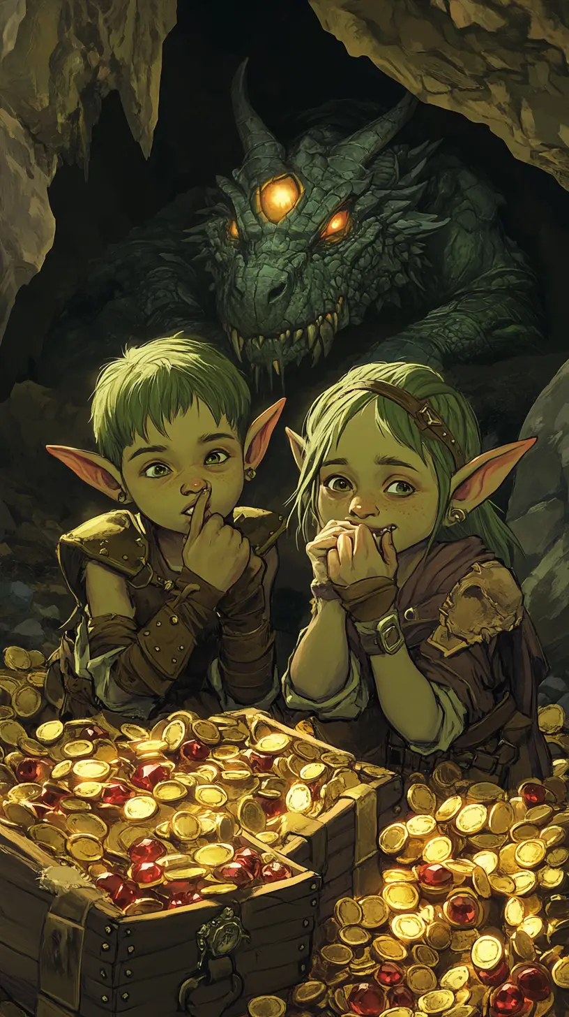 Zwei Goblinkinder schleichen durch eine glitzernde Schatzkammer in einer Höhle