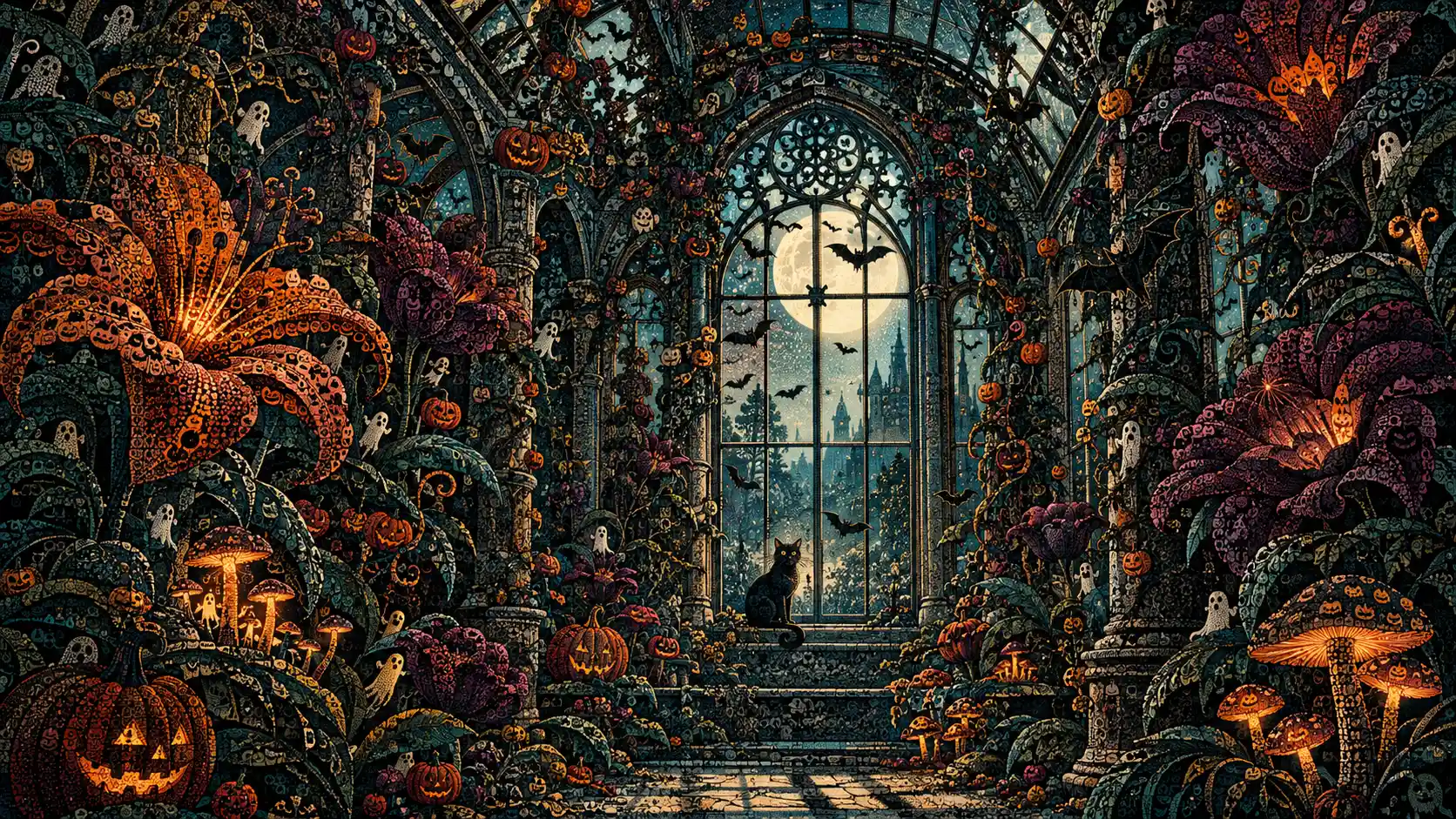 An abandoned Victorian conservatory filled with oversized Halloween flowers