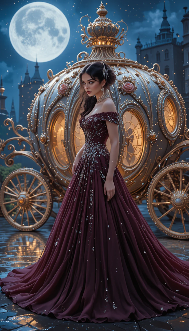 Uma jovem glamorosa com um vestido de baile bordô adornado com joias diante de uma carruagem prateada