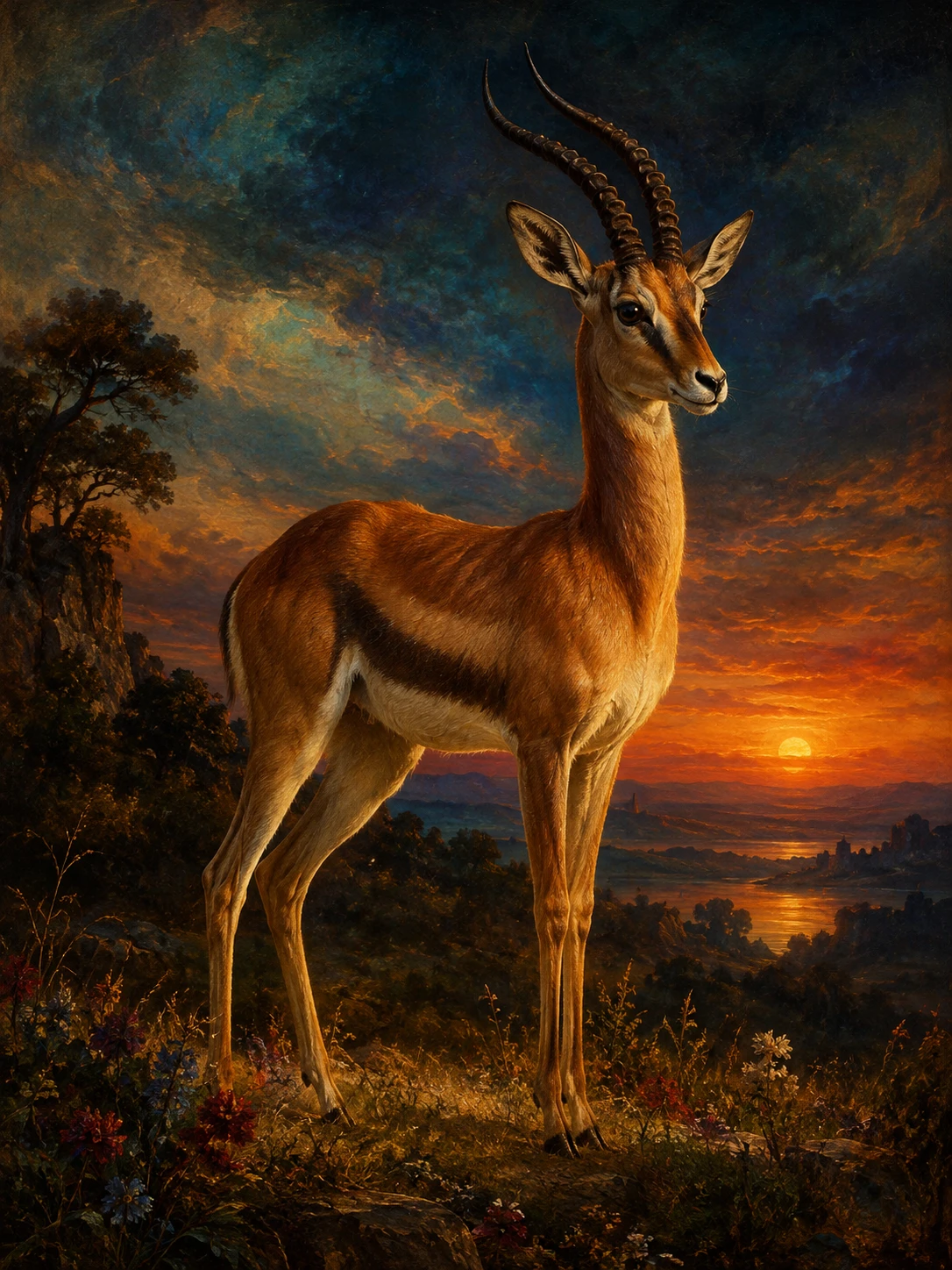 Une gazelle solitaire dans un champ au crépuscule, dans un style Renaissance