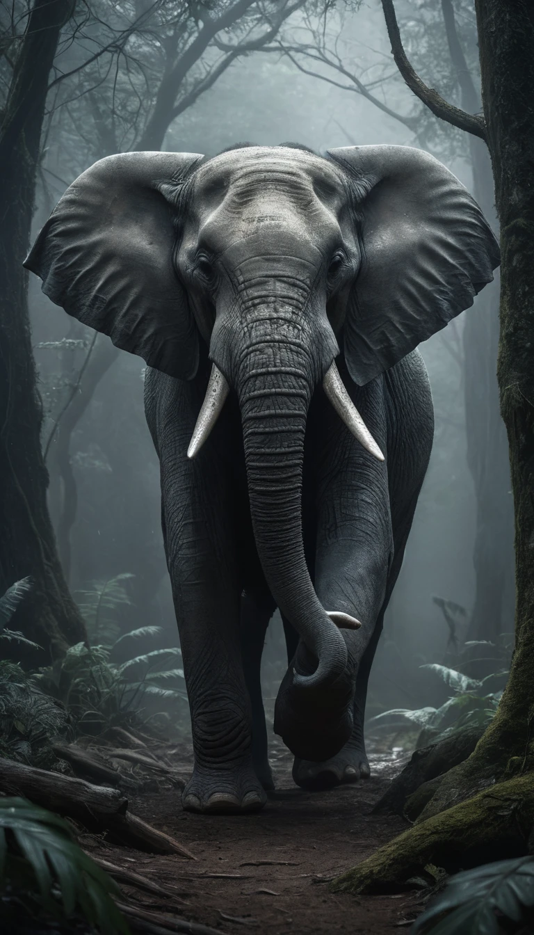 A muscular elephant beast looms across a misty twilight forest