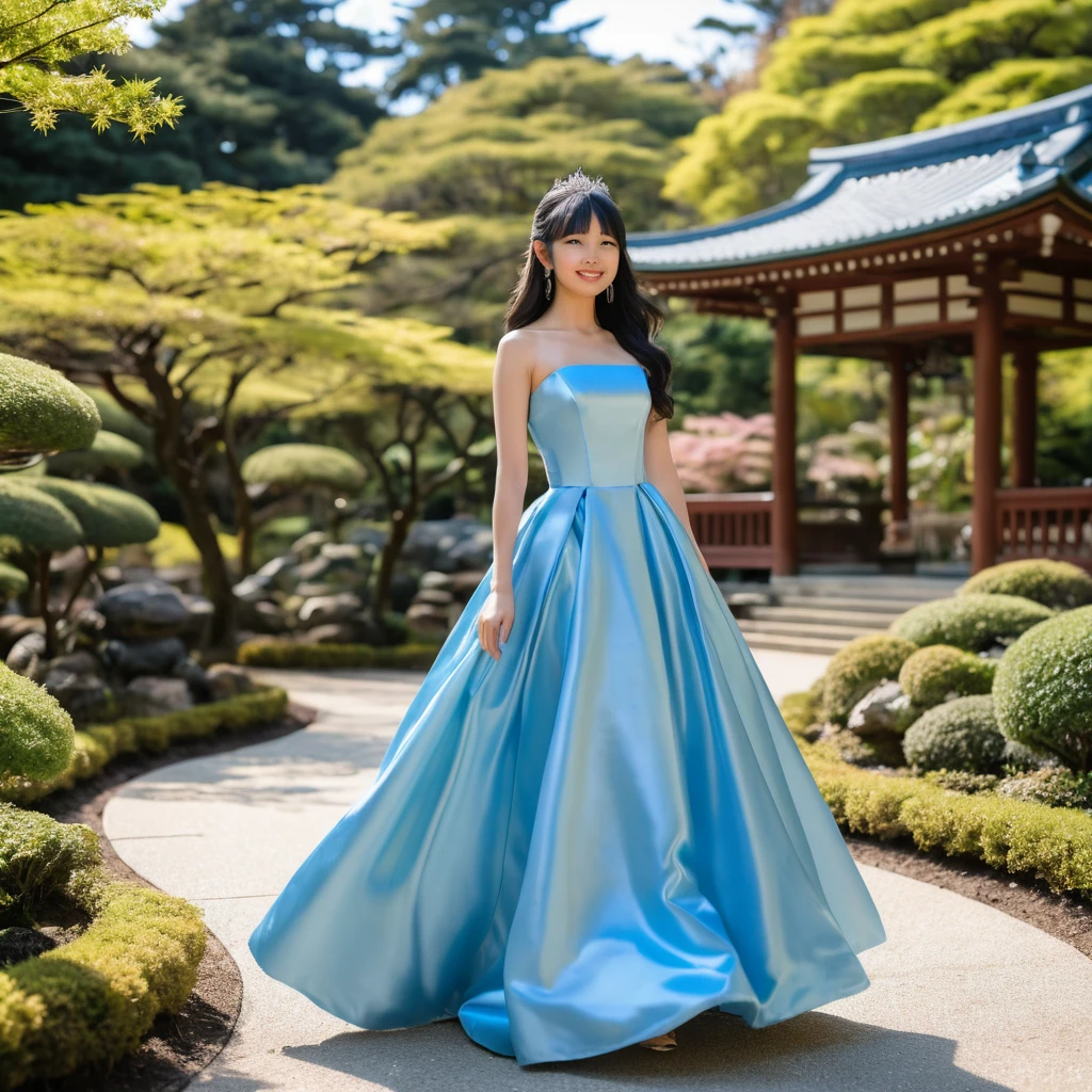 Uma jovem japonesa com um vestido de cetim está num jardim