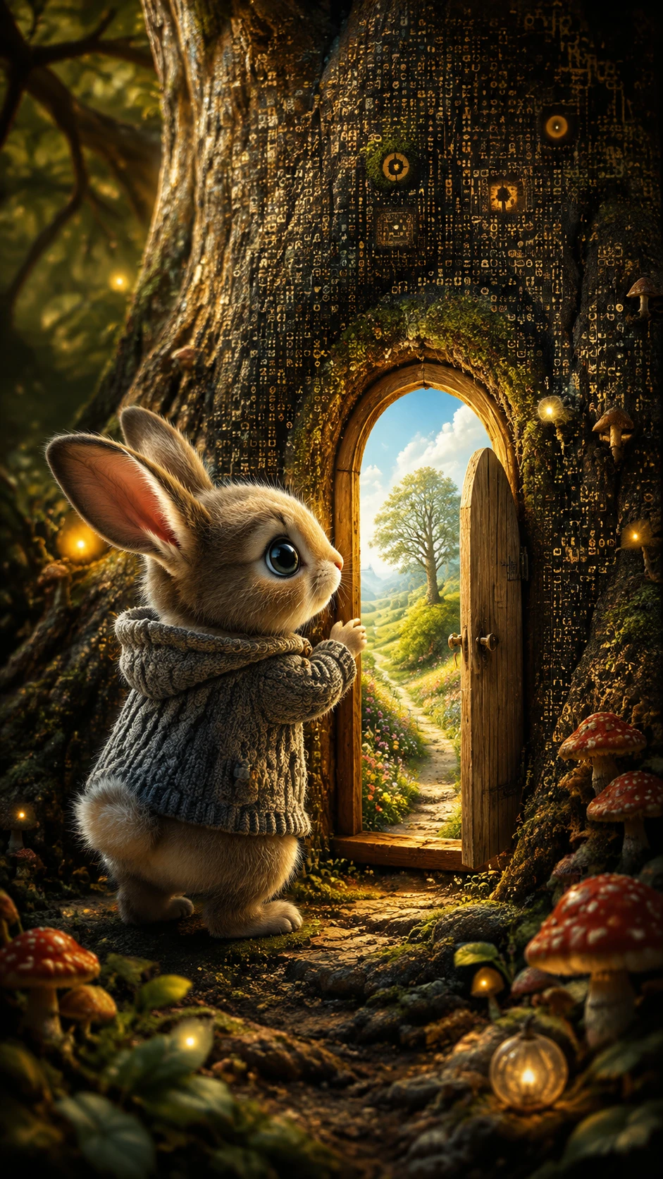 Um coelhinho descobre uma porta brilhante numa árvore antiga