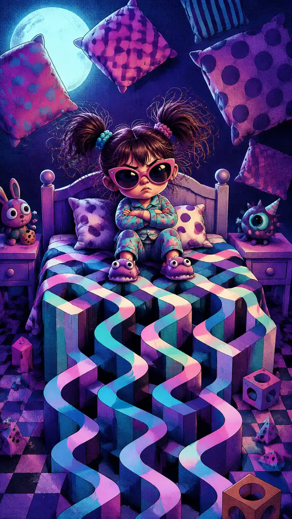 A defiant girl sits on a tiny bed in surreal moonlight