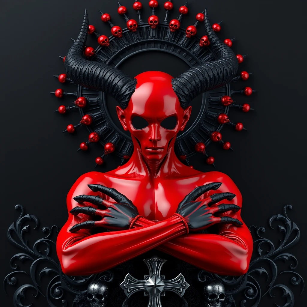 Una figura senza volto e con le corna, dalla pelle rossa, davanti a un alone nero e luminoso