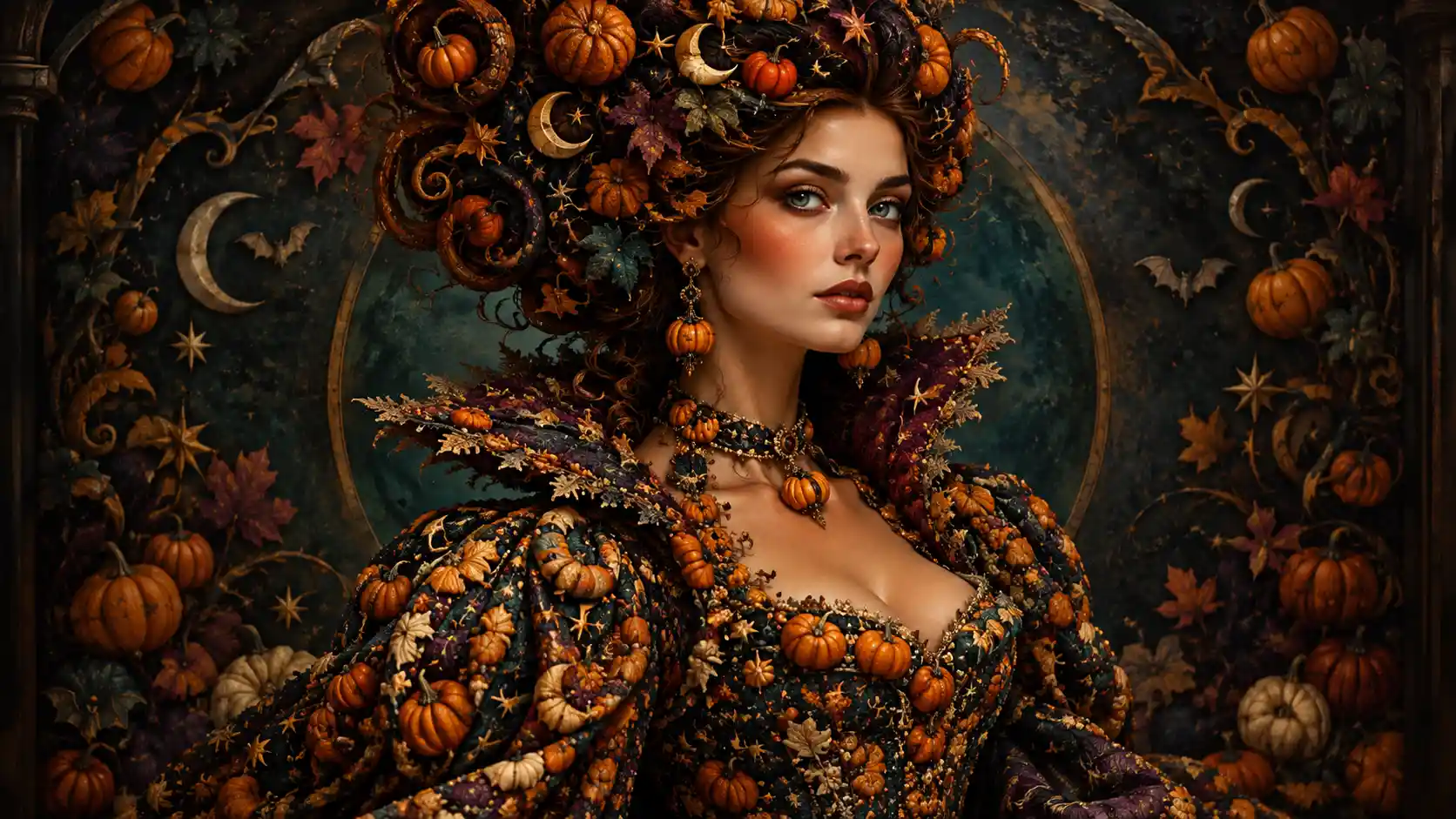 A regal woman with pumpkin vine hair and symbolic miniature motifs