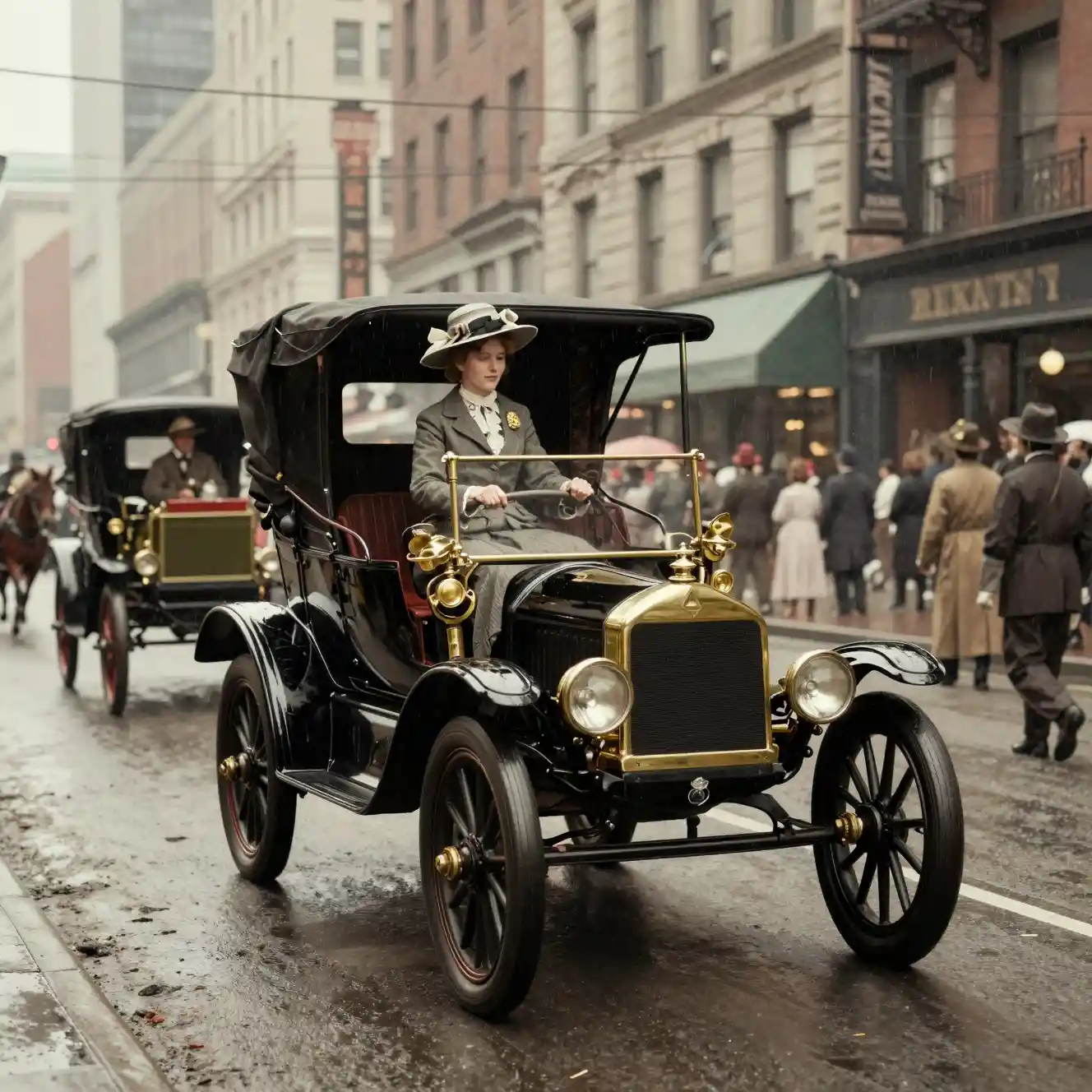 Una Ford Model T percorre una strada piovosa di Manhattan