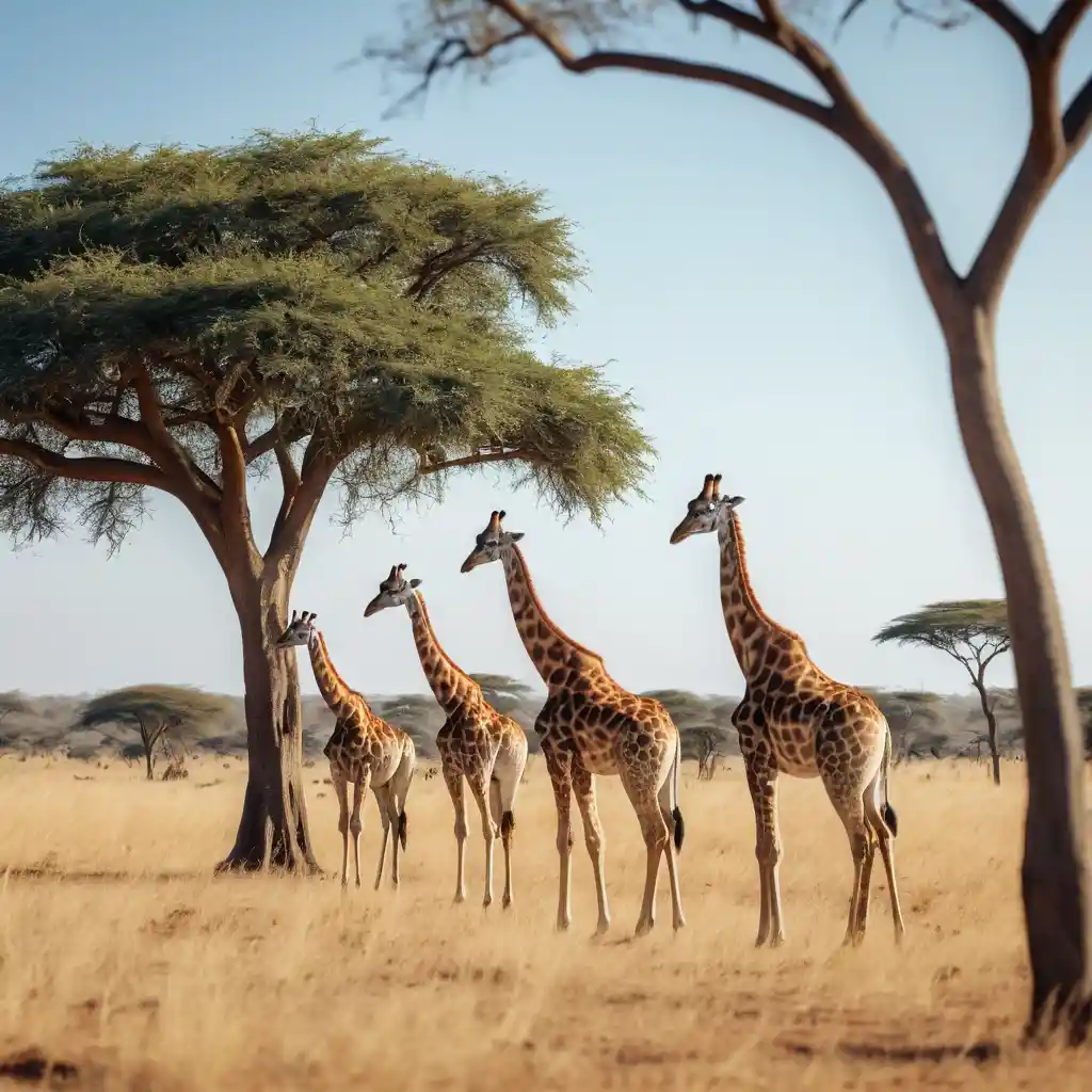 Un branco di giraffe pascola in un soleggiato paesaggio di savana