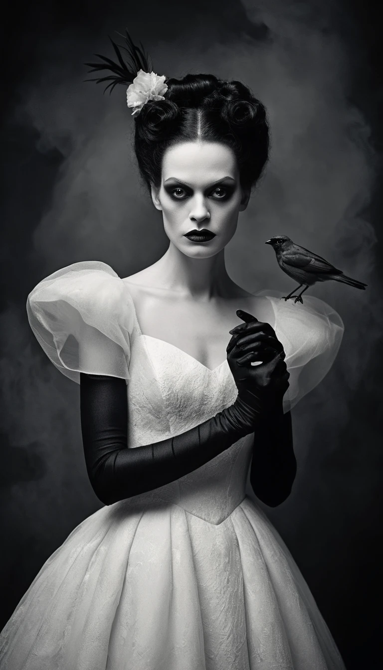 Retrato surrealista de uma mulher pálida com um pássaro em voo